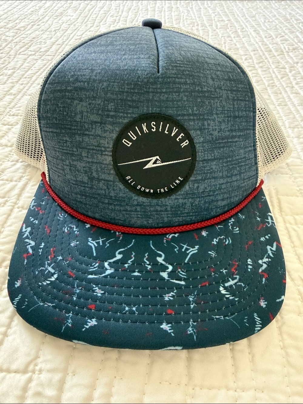 Quiksilver Teal Patterned Trucker Hat with Red Rope Trim